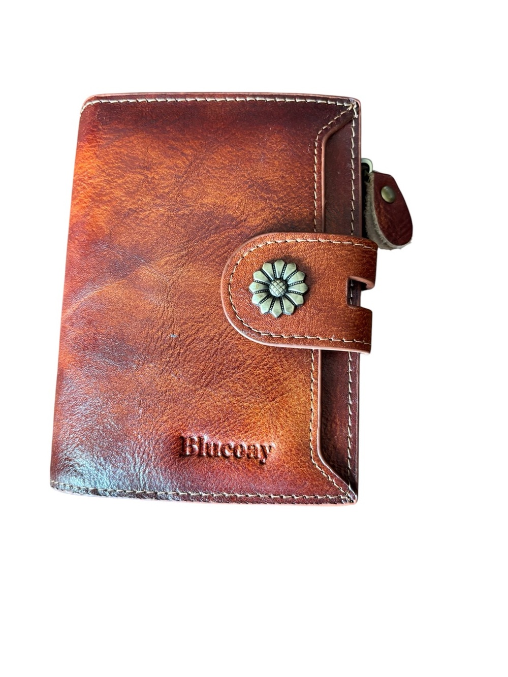 Brown Leather Wallet with Snap Flower Accent, oversized card storage
